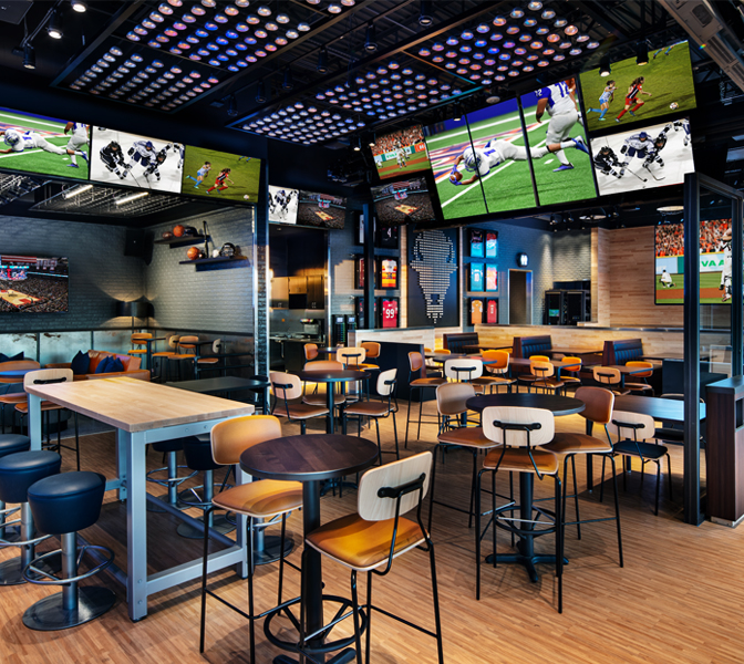 Buffalo Wild Wings interior seating with TVs