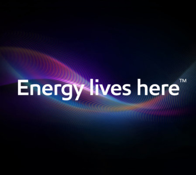 'Energy lives here' lettering on black background