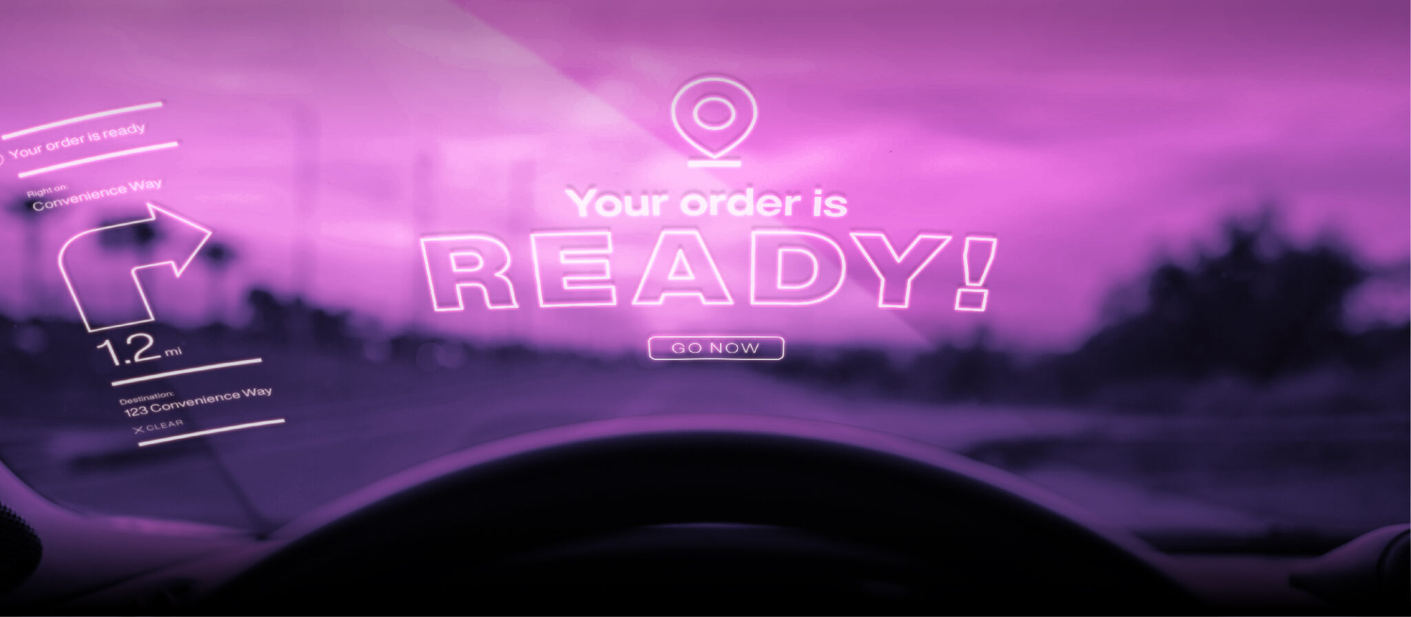 Car screen with notification saying 'Your order is ready'