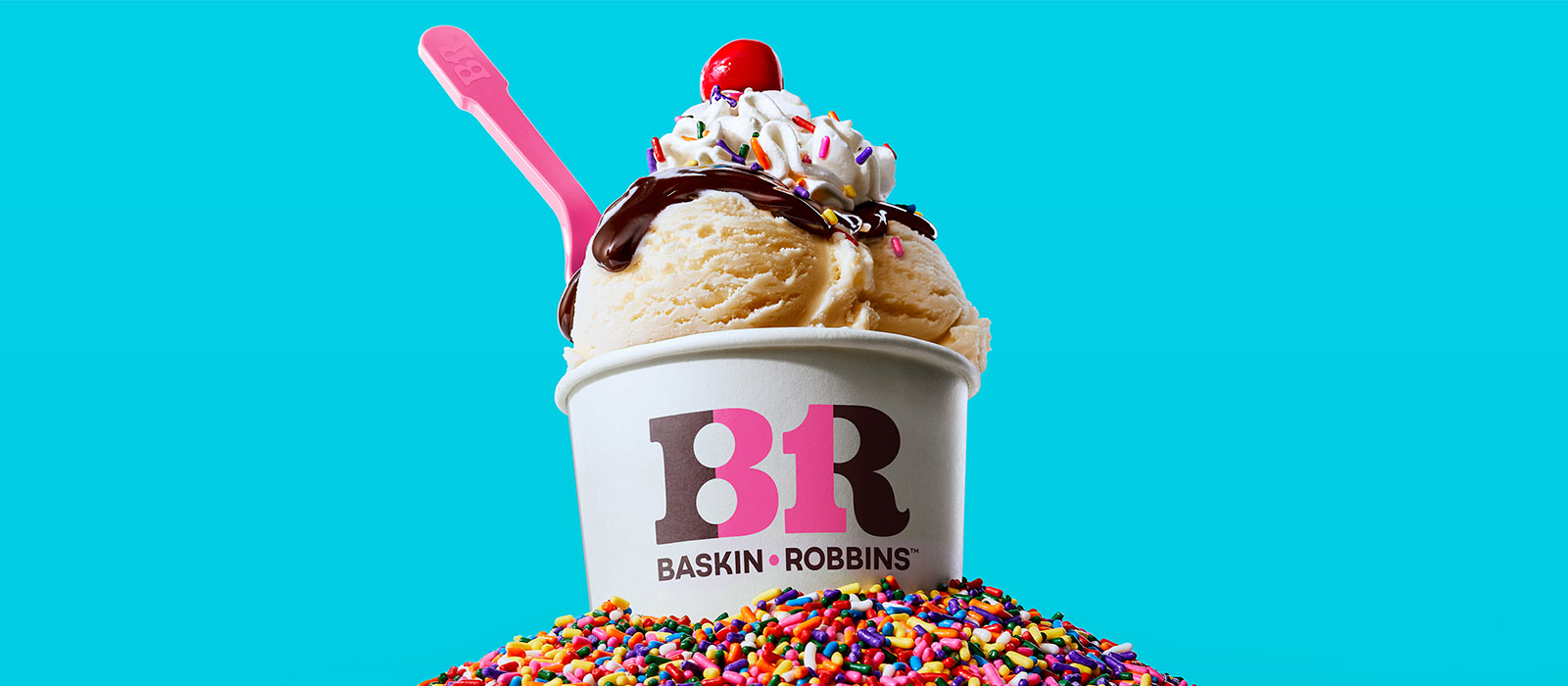 Baskin Robbins ice cream on top of pile of sprinkles
