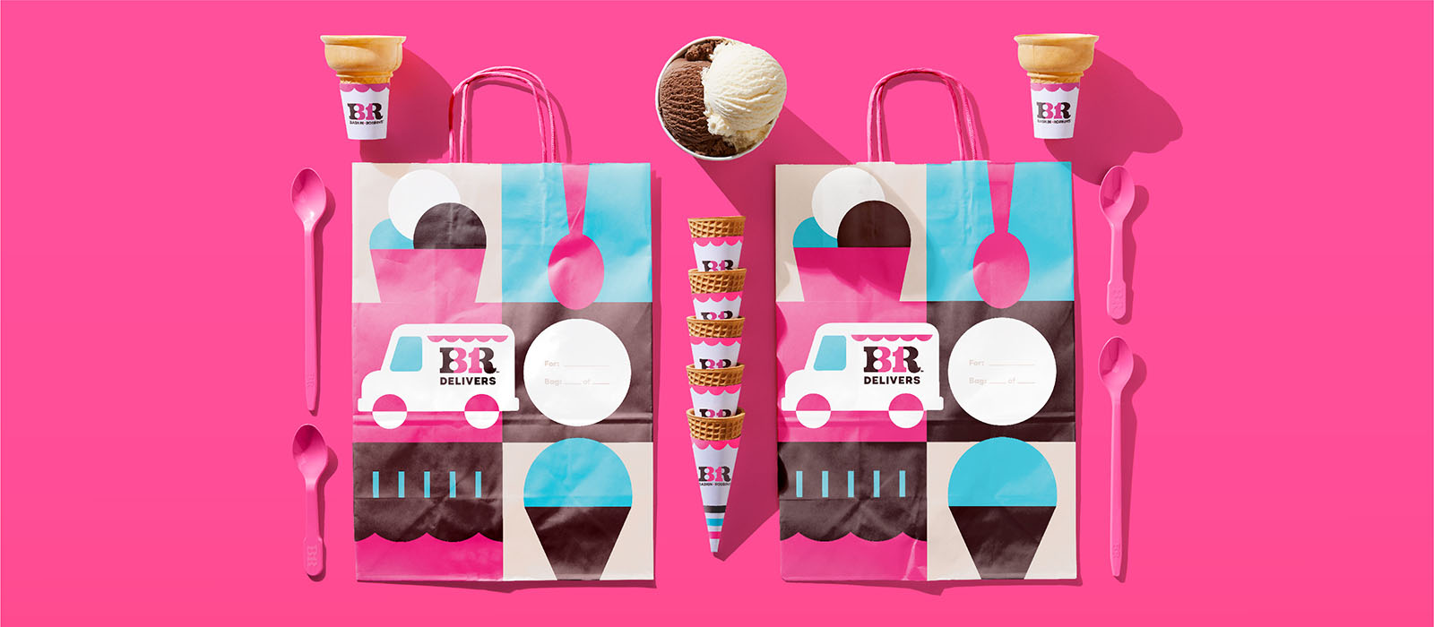 Baskin-Robbins cones, spoons, and takeout bags
